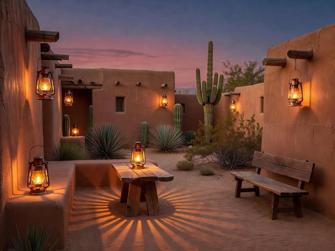 Sophisticated Western desert courtyard after sunset with lantern light and adobe walls