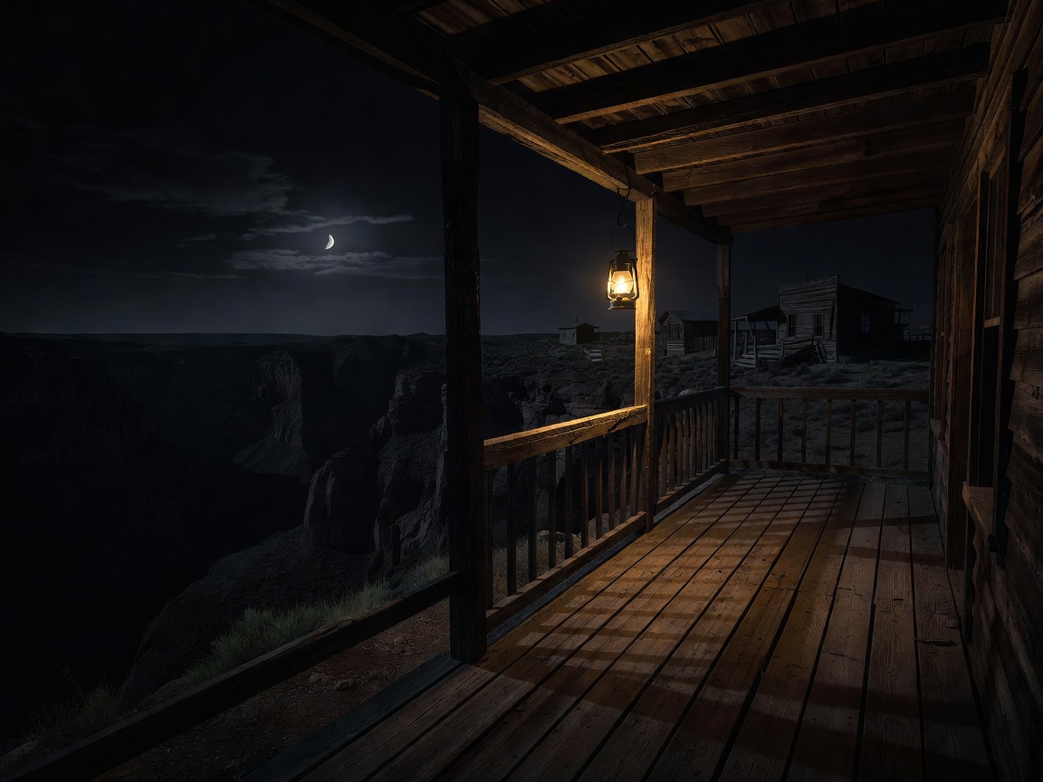 Atmospheric remote Western settlement veranda at night with deep canyon shadows