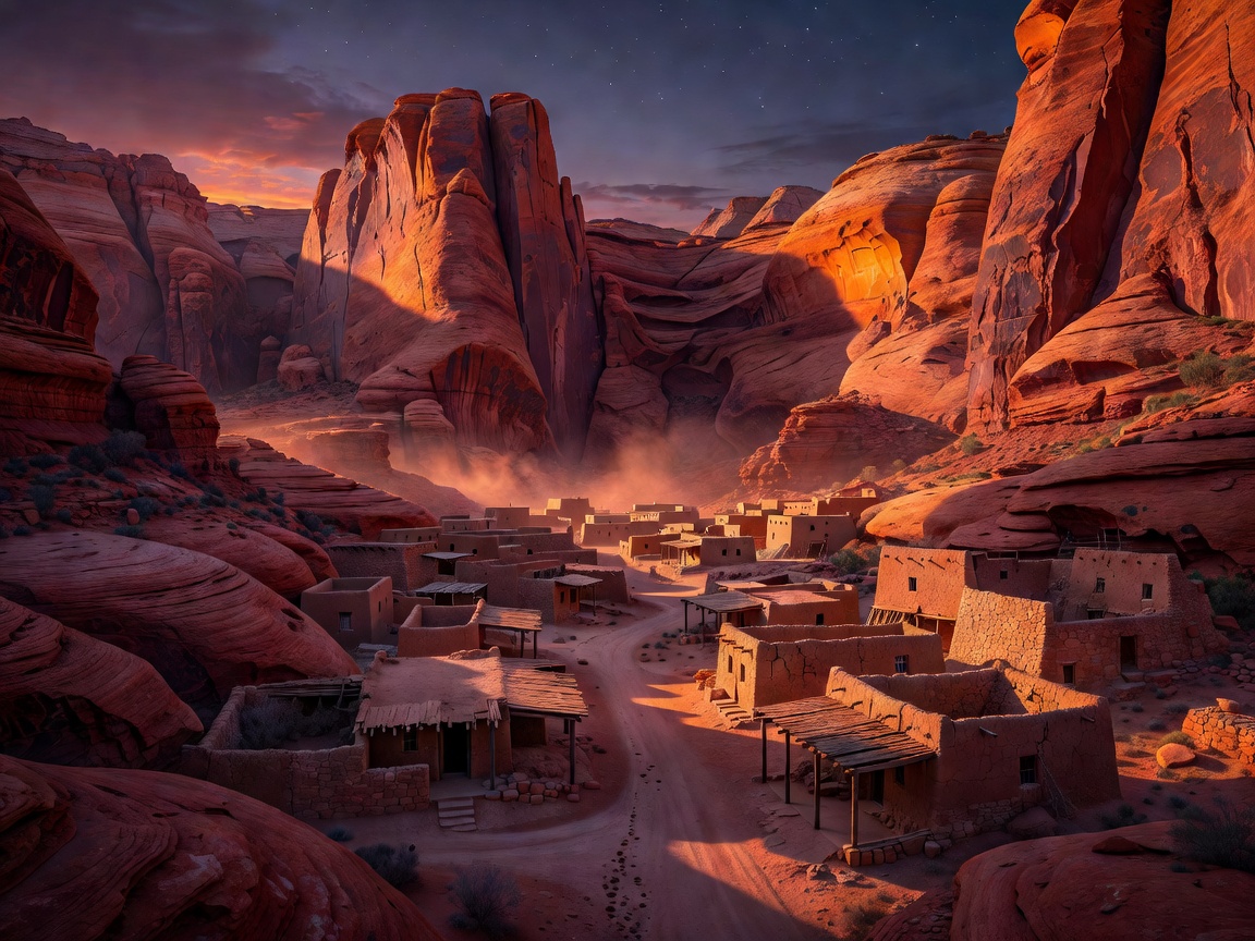 Monumental cinematic Western red-rock canyon settlement during sunset transition to night